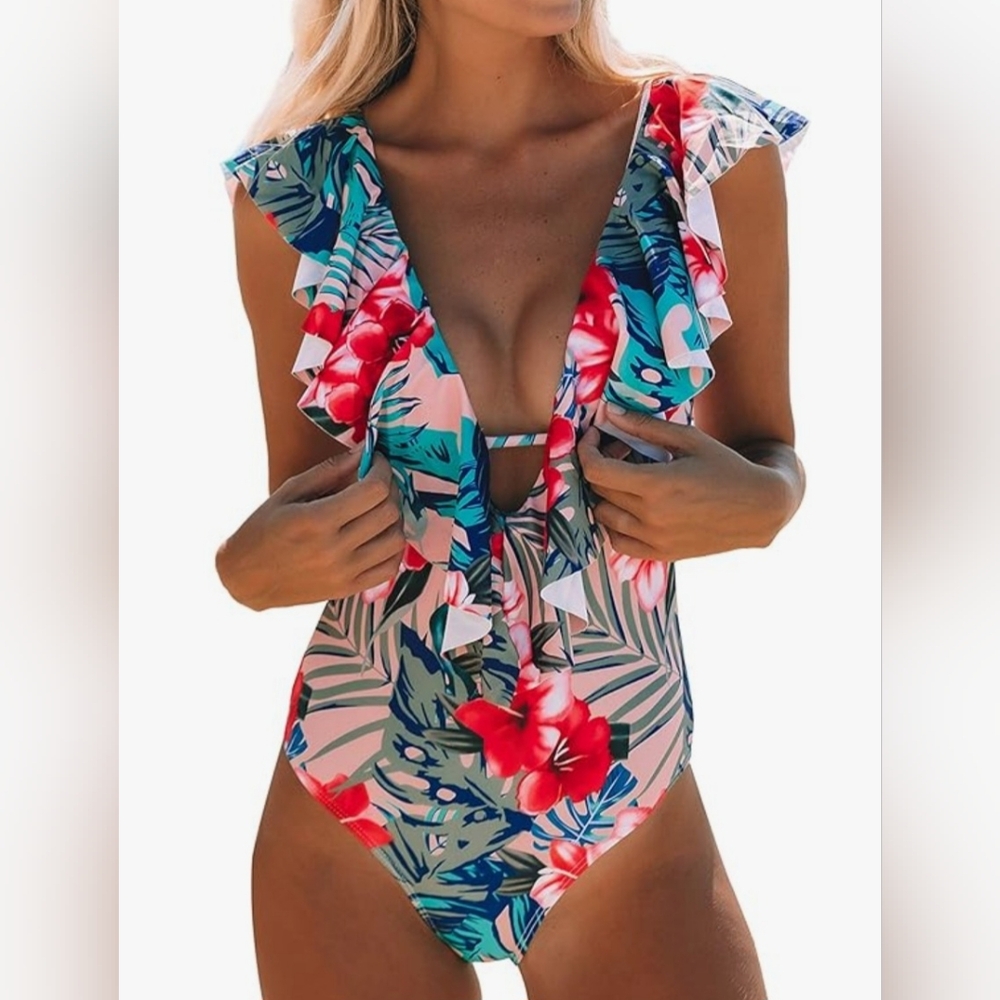 Women's Floral one-piece Swimsuit with ruffled plunging neckline size XL